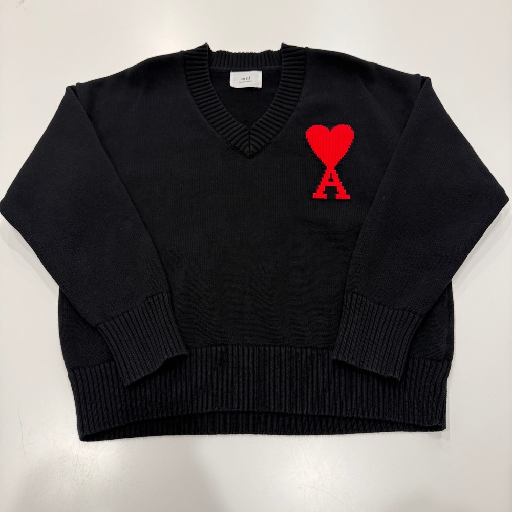 Ami Paris Ami de Coeur Black Cotton Wool V-Neck Sweater Mens Size Medium